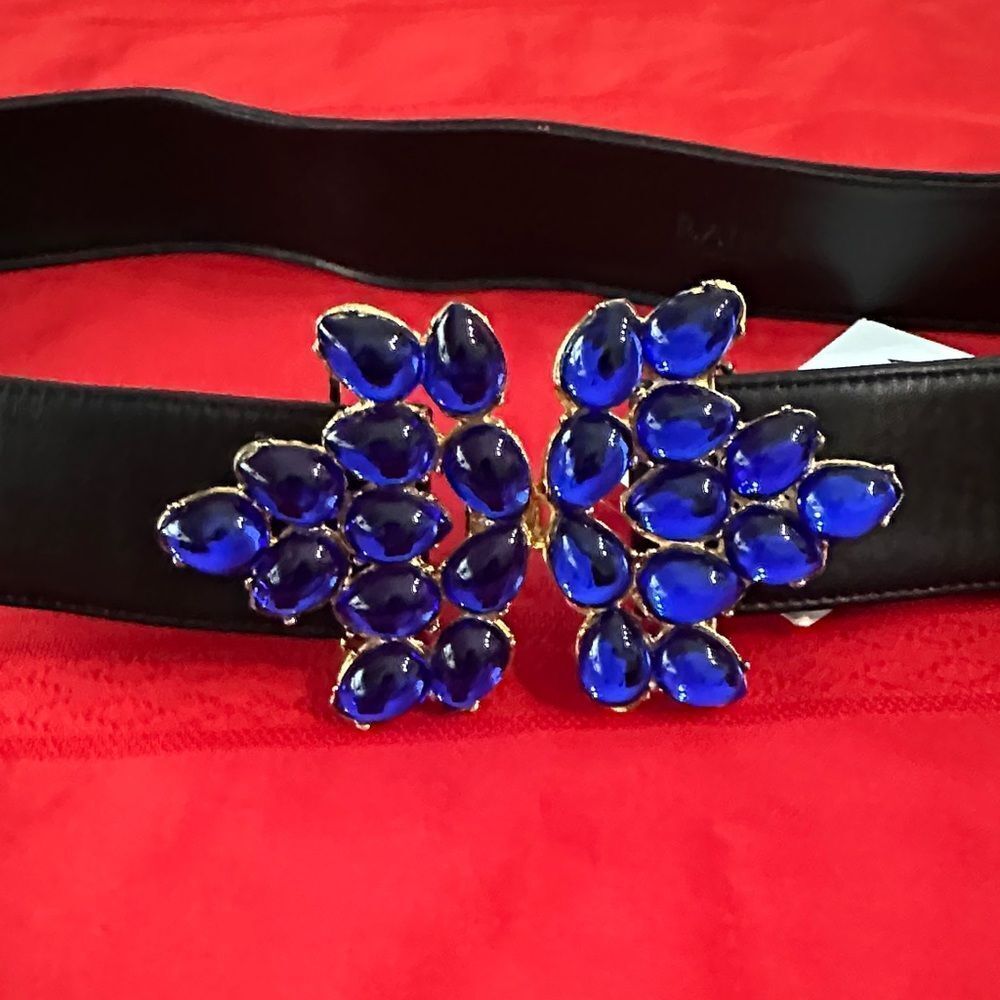 NWT RAINA BLK WISTERIA Elegant Black Belt with Blue Gemstone Accent - Picture 4 of 12
